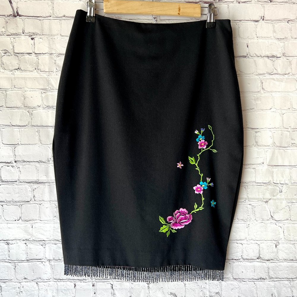Vintage Y2K Guess Collection Floral Embroidered Black Wool Beaded Fringe Skirt